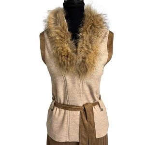 Olsen Europe Beige Wool Belted Vest with Racoon Fur size 6